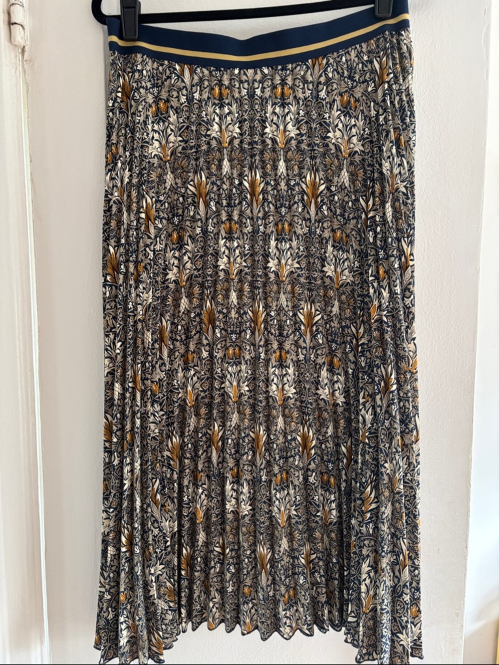 H&M x William Morris Pleated Midi Skirt Navy Floral Print Elastic Waist Size [L]